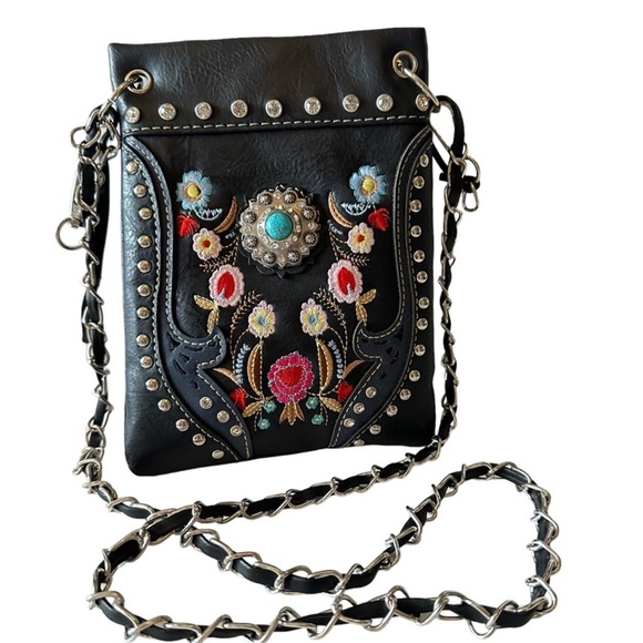 Cowgirl Trendy Handbags - Cowgirl Trendy Black Embroidered Leather Crossbody Bag with Turquoise Concho
